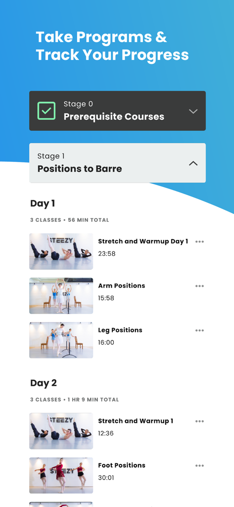 Interfaz de la aplicación STEEZY que muestra un programa de baile estructurado con seguimiento del progreso de las lecciones y currículum diario de ballet