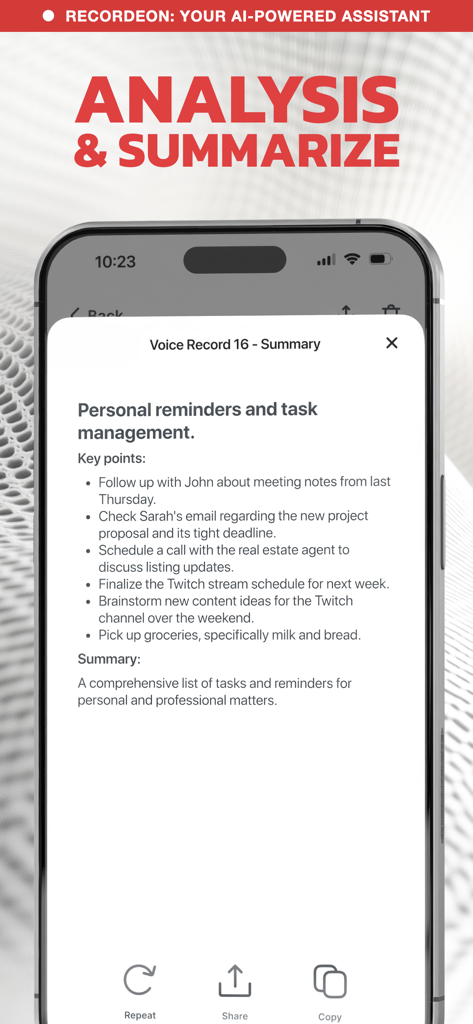 Una captura de pantalla móvil que muestra la función de análisis y resumen de IA de la aplicación Recordeon con puntos clave con viñetas para la gestión de tareas