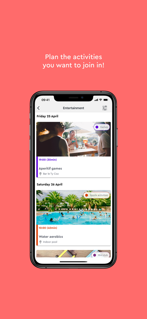 Yelloh! Village Camping - Pantalla de la aplicación móvil que muestra el horario de entretenimiento de un camping de lujo, incluyendo juegos de aperitivo y aeróbic acuático