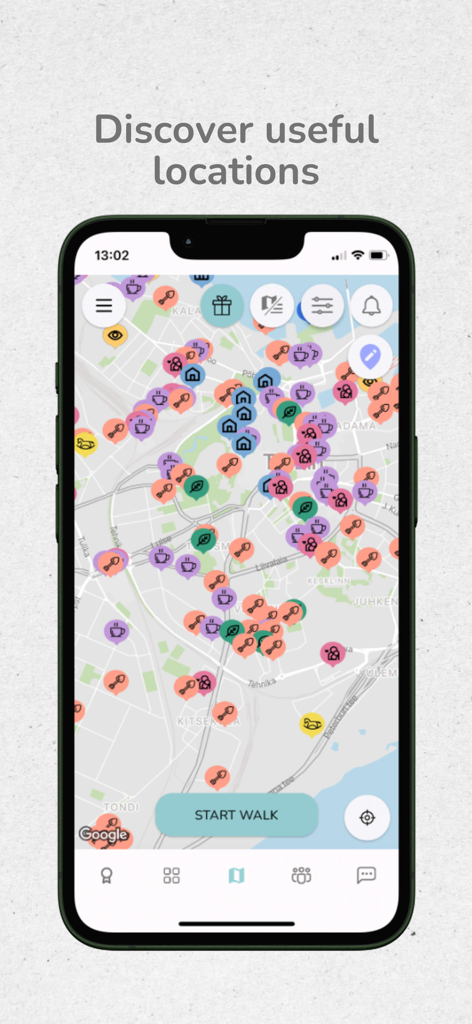 Willuwalk - Pantalla de smartphone que muestra la interfaz del mapa de Willuwalk con iconos coloridos para áreas de juego y cafeterías para descubrir lugares locales útiles para padres.
