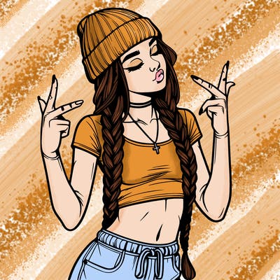 realistic teenage girl with braids and a beanie and crop top doing 🫶🏼