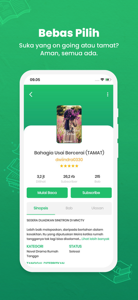 Smartphone screen showing the KBM App with an Indonesian novel titled Bahagia Usai Bercerai and book statistics.
