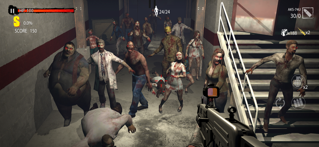 Zombie Hunter D-Day - Vista en primera persona de un jugador apuntando un AKS-74U a una horda de zombies en un pasillo oscuro