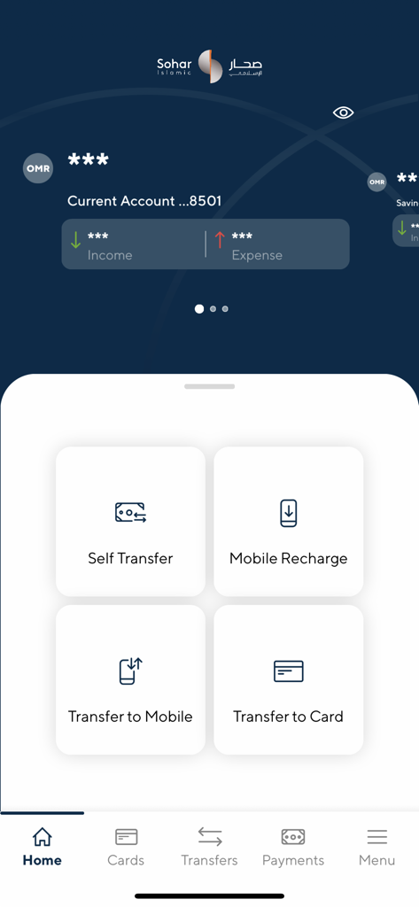 Sohar Islamic - Sohar Islamic mobile banking app home screen showing account balance overview and quick transfer options