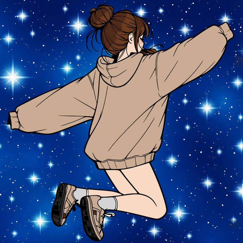 realistic girl jumping with a bun and oversized sweatshirt