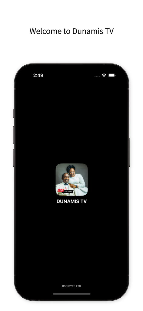 Dunamis TV app welcome screen showing the official logo and ministry leaders on a black background.