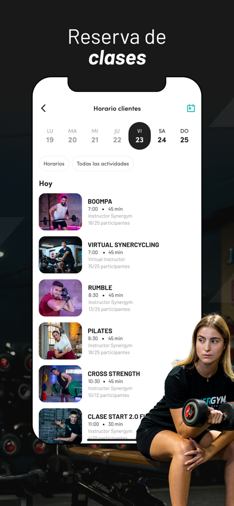 Synergym mobile app screen showing a list of fitness classes available for booking with dates and times