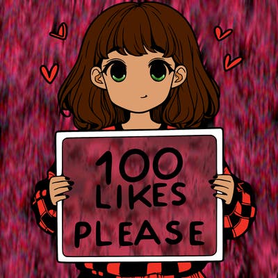 a girl holding a sign saying 100 likes please