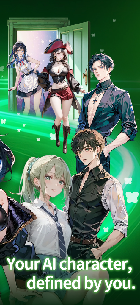 A group of diverse anime style characters including a pirate a maid and a student representing customizable AI companions