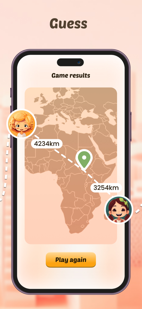 Game results screen showing distances of two players guesses on a world map