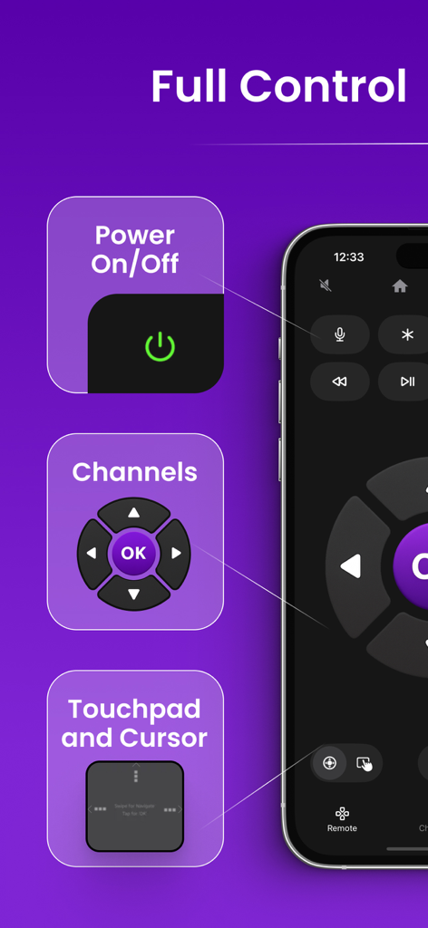 TV Remote for Roku · - App di telecomando digitale per Roku che mostra accensione canali e controlli touchpad