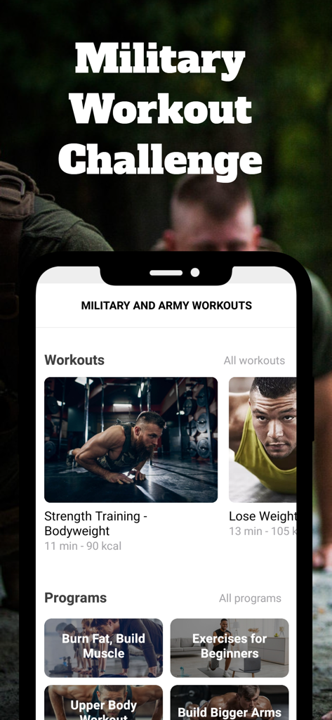 Military and Army Workouts - Screenshot of the Military and Army Workouts app showing various programs like Strength Training and Burn Fat Build Muscle