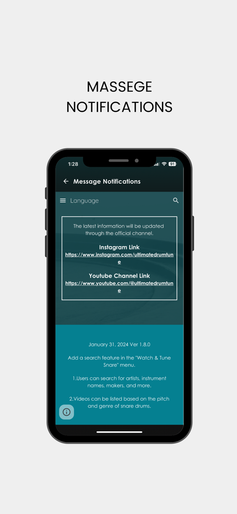 Ultimate Drum Tune - Screenshot der Ultimate Drum Tune App, der Nachrichtenbenachrichtigungen, Social-Media-Links und die Versionsaktualisierungshistorie anzeigt.