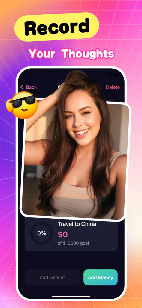 Lyra - Social - Lyra app interface for recording progress and thoughts on a travel savings goal