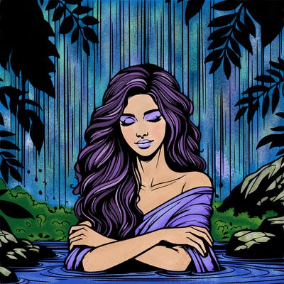 realistic female model under waterfall