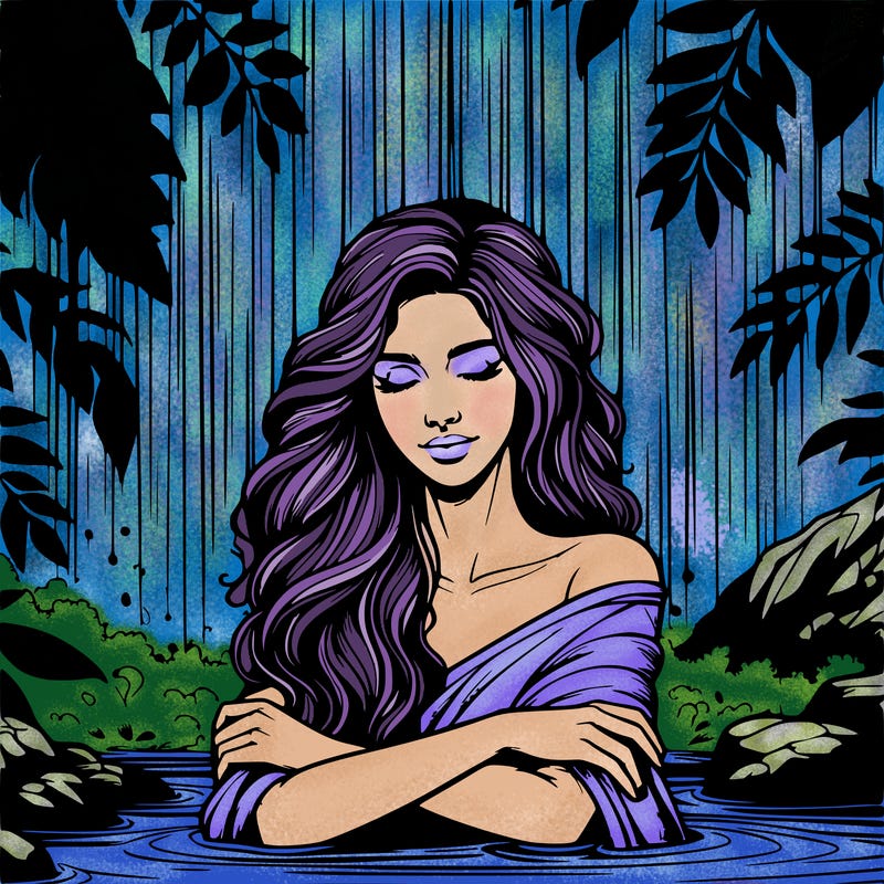 realistic female model under waterfall