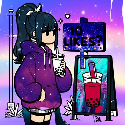 girl with oversized hoodie drinking boba and she has a high ponytail with a sign that says 10likes?