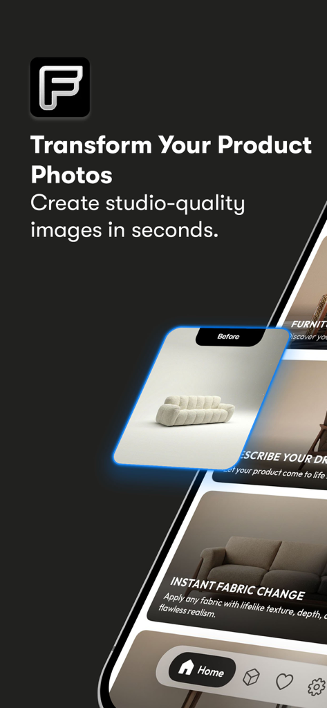 Furnea app interface showcasing AI-powered furniture photography and material swapping features.