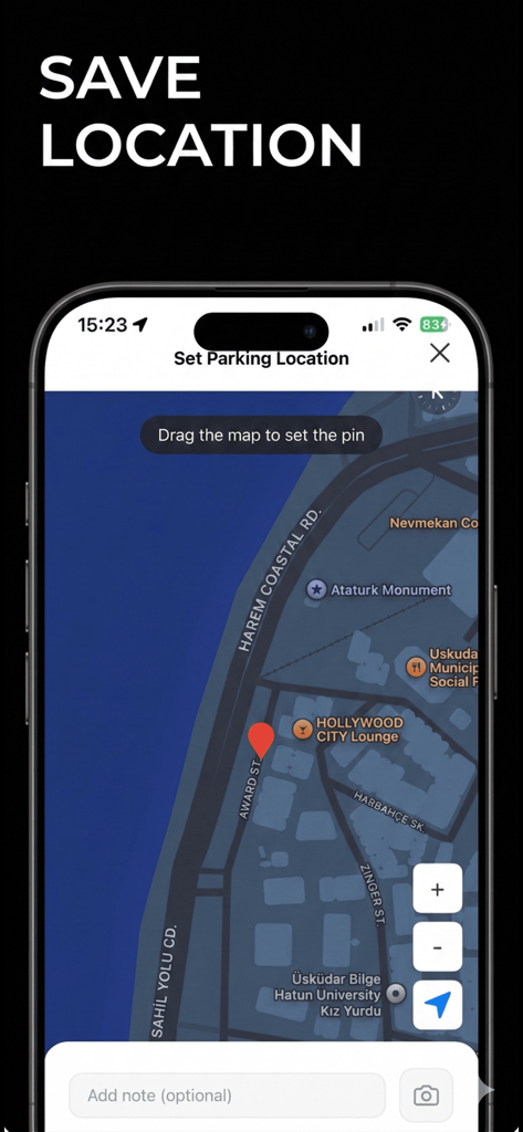 지도에서 빨간색 핀을 드래그하여 주차 위치를 저장하는 방법을 보여주는 인터페이스