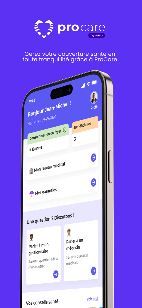 ProCare by Susu - ProCare health app dashboard on a smartphone showing insurance management and doctor chat options