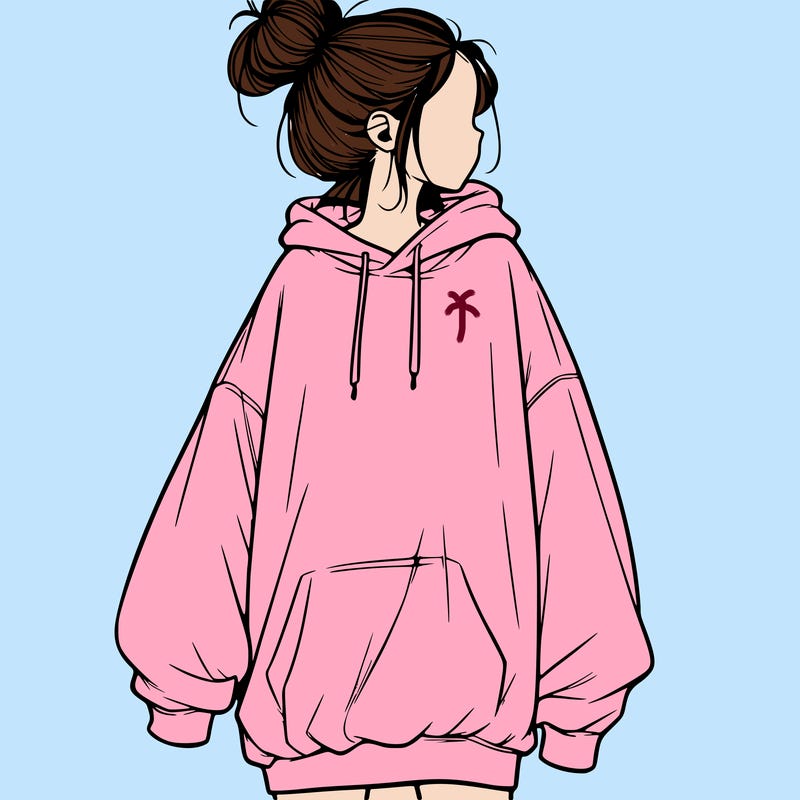realistic girl with a oversized sweatshirt on and a bun