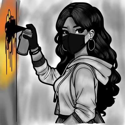 realistic girl with mask spray painting a wall