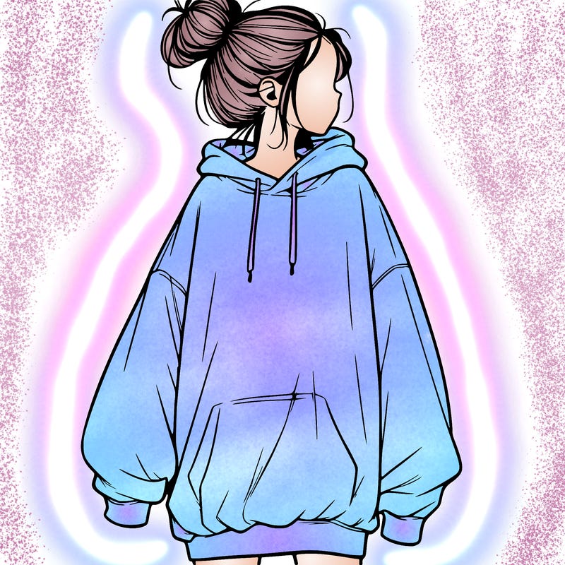 realistic girl with a oversized sweatshirt on and a bun