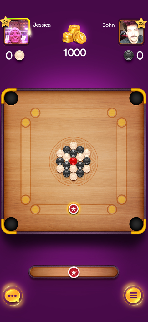 Uma visão de cima para baixo de um tabuleiro de carrom digital durante uma partida multijogador 1 contra 1 entre dois jogadores.