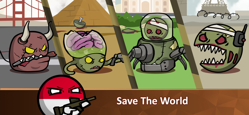 Countryballs - Zombie Attack - A group of diverse zombie countryball monsters facing a heroic soldier countryball with the text Save The World.