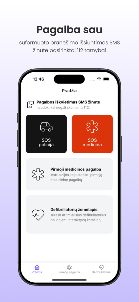 Interface principal do aplicativo de emergência mama plus mostrando botões de SOS para polícia e emergência médica