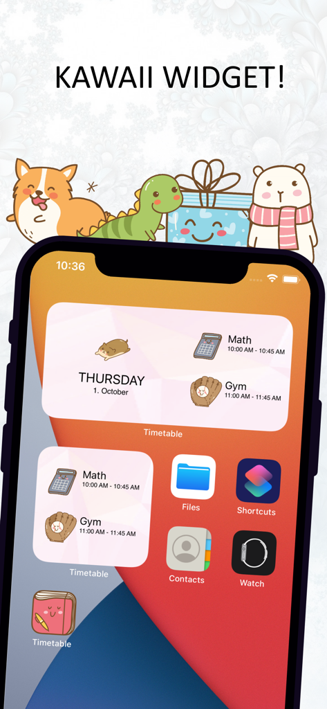 Kawaii Timetable - La pantalla de inicio del iPhone muestra adorables widgets de Kawaii Timetable con horarios escolares e ilustraciones de animales.