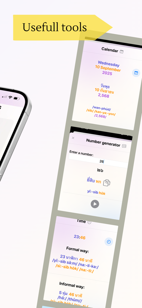 Enjoy Thai Learning - Interface de l'application d'apprentissage du thaï montrant un générateur de nombres de calendrier thaïlandais et des outils de conversion d'heure