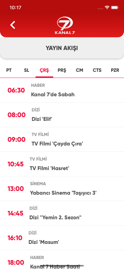 Kanal7 - Broadcast schedule screen of the Kanal 7 app showing daily TV programming and series