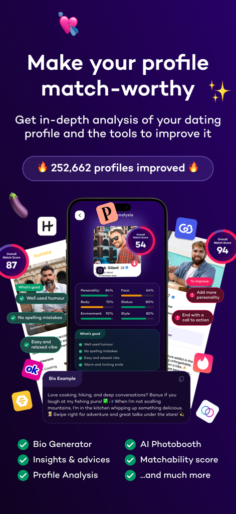 Flirtist - AI Dating Assistant - Flirtist app interface showing AI dating profile analysis and matchability scores