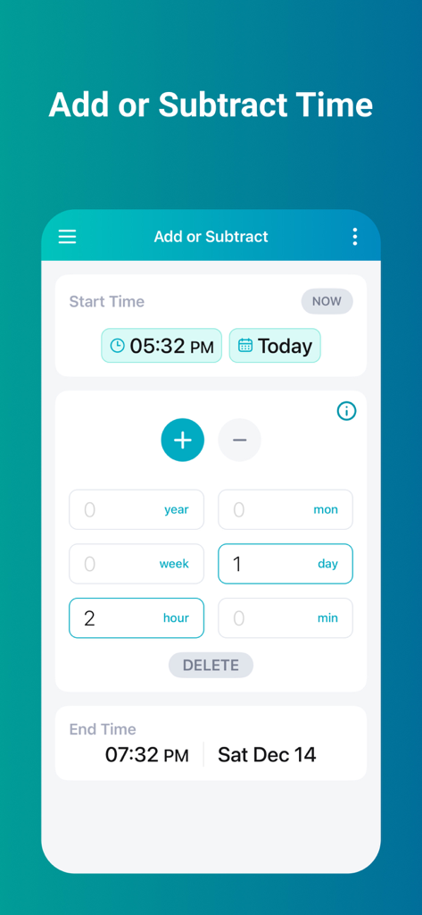 Time Calculator app screen showing the feature to add or subtract time units like days and hours from a starting time