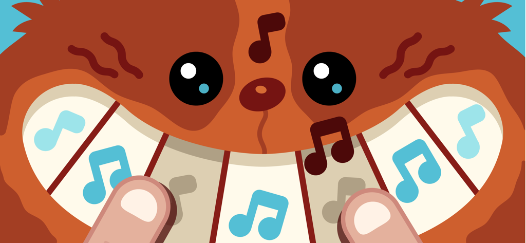 A child plays a piano keyboard made of a cartoon characters teeth with floating musical notes