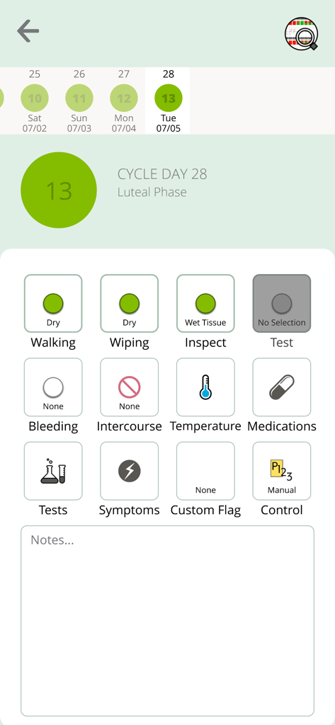 Chart Neo app data entry screen for cycle day 28 showing fertility tracking icons like temperature and symptoms