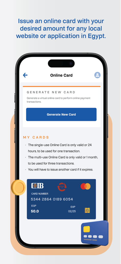 Interface of the CIB Smart Wallet app for generating a virtual online card to make payments on Egyptian websites