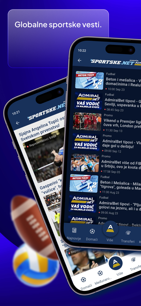 Sportske.net - Smartphone screen showing the Sportske.net app interface with global sports news headlines in Serbian.