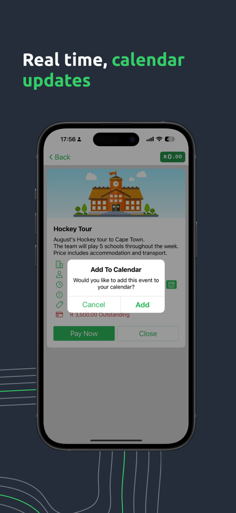 Karri mobile app interface showing a real-time calendar sync prompt for a school event.