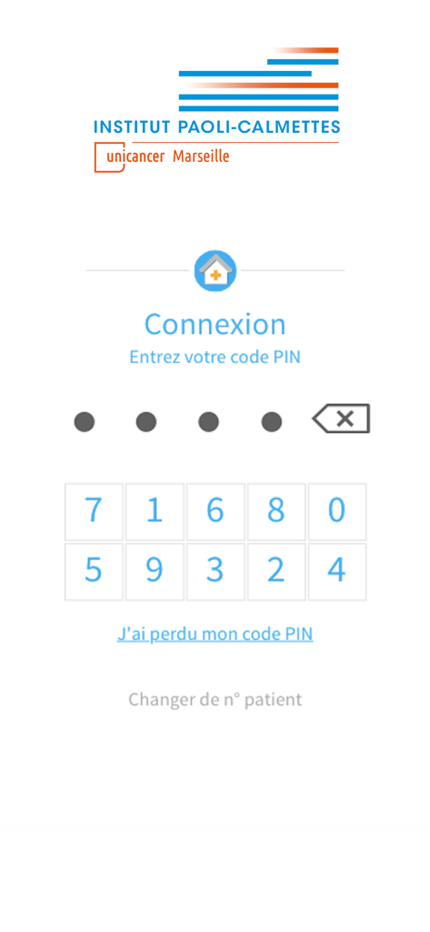Pantalla de inicio de sesión segura de IPC Connect que muestra un teclado numérico para introducir el PIN y el logotipo del Institut Paoli Calmettes