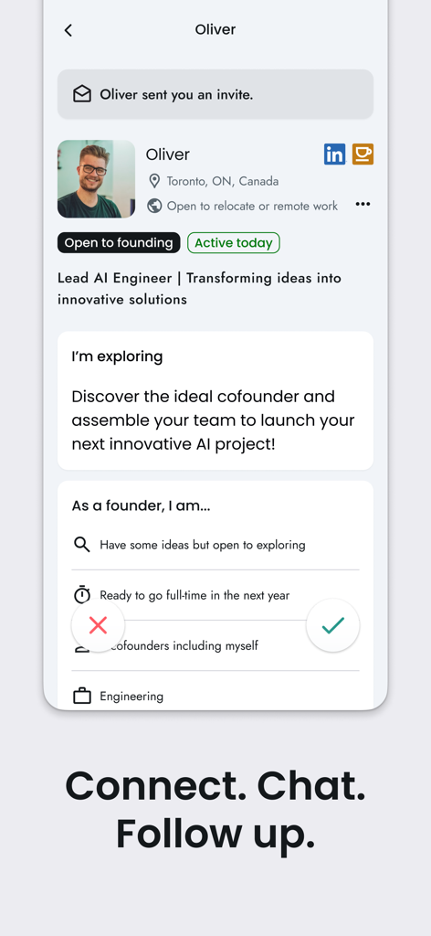 CoffeeSpace: Connect & Build - Mobile screen showing a potential cofounder profile on the CoffeeSpace app with matching buttons