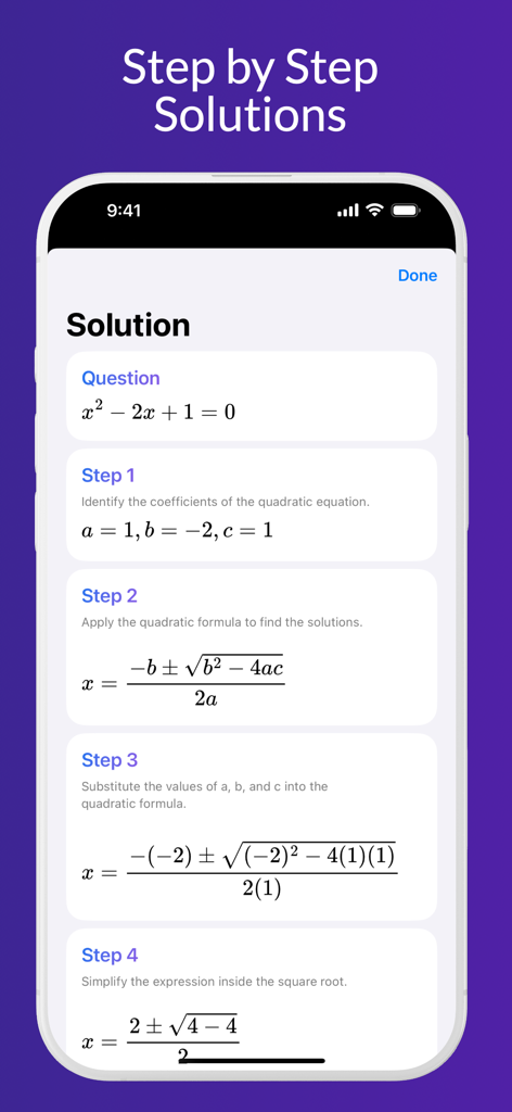 iCalc: Photo Math Calculator - A smartphone screen showing the iCalc app providing a detailed step-by-step solution for a quadratic equation.