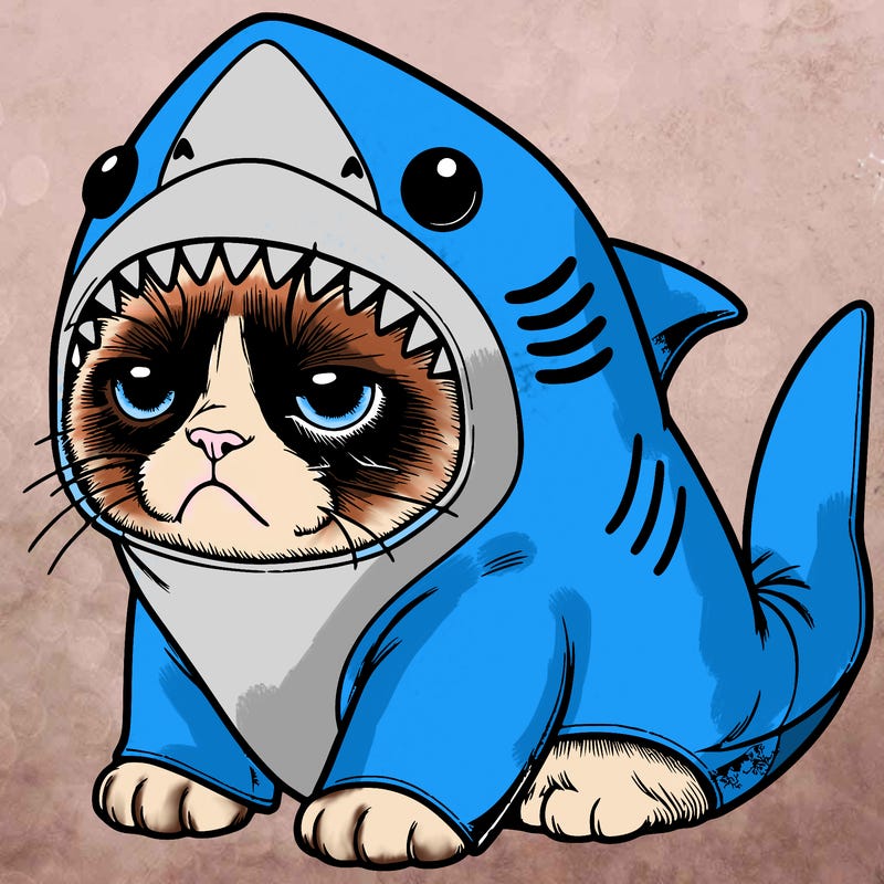 a realistic grumpy cat wearing a cute shark costume