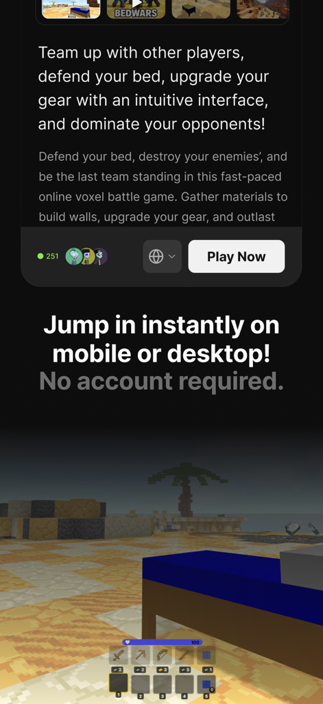 HYTOPIA: Friends & Family Fun - Hytopia Bedwars game mode with blocky graphics and a play now button