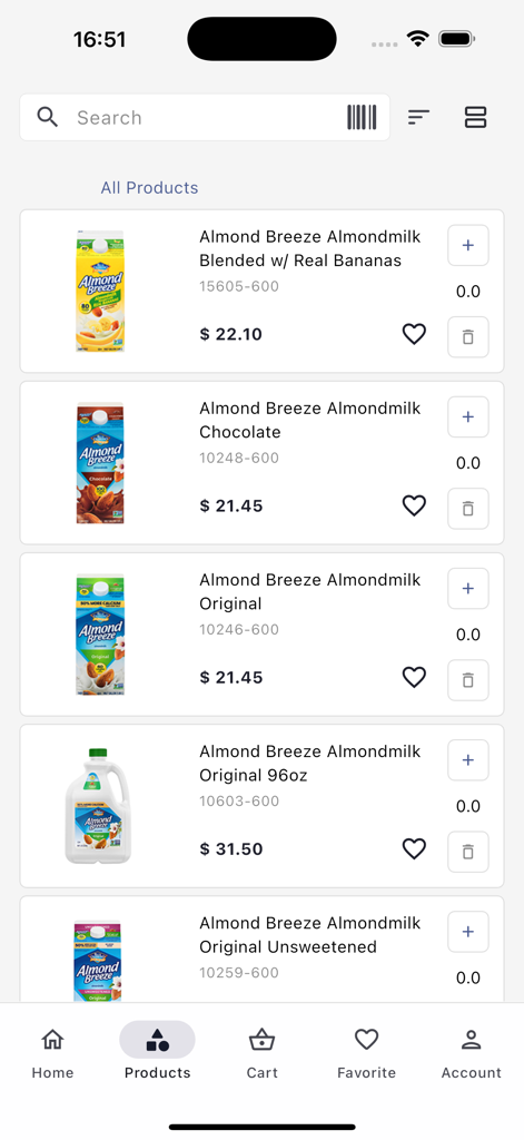 HapCor - HapCor app interface showing a searchable list of wholesale products with prices and ordering options