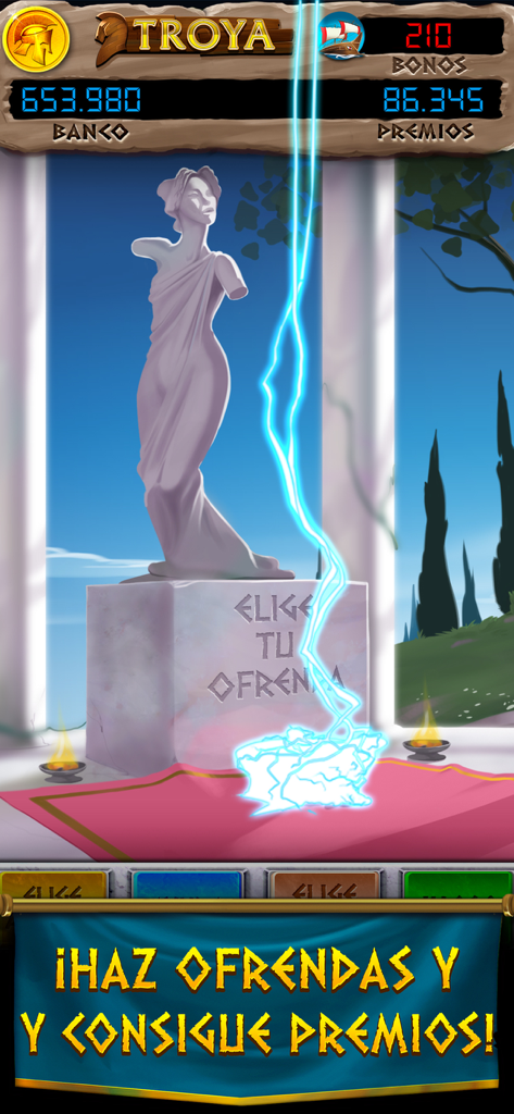 Troya - Máquina Tragaperras - Oracle mini-game screen in the Troya slot machine app featuring a Greek statue and lightning bolt.