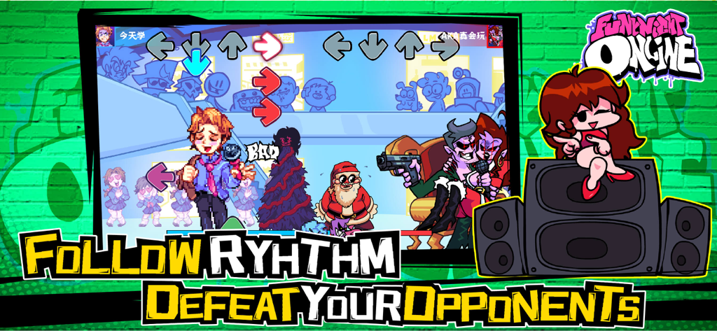 FNF PvP rhythm battle screen featuring characters and arrow keys with the slogan Follow Rhythm Defeat Your Opponents