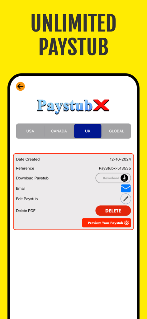 Interface de l'application pour la gestion d'un nombre illimité de bulletins de paie britanniques, y compris les options de téléchargement et d'envoi par e-mail.