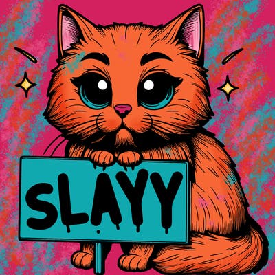 realistic cat with sign that says slayyyyy